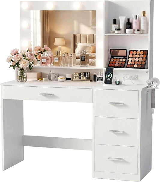 YESHOMY 39" Vanity Desk with Mirror & Lights, Makeup Vanity Table with Power Outlet & Storage Drawers, 3 Color LED Lighting, Dressing Table for Bedroom, White