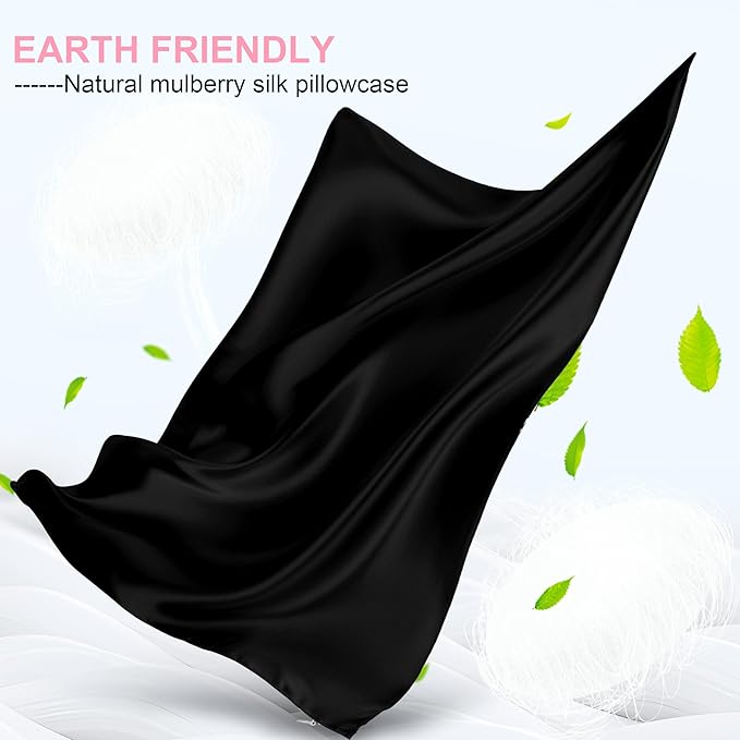 Silk Pillow Cases Standard Size with Hidden Zipper, Mulberry Silk Pillowcase for Hair and Skin, Smooth and Soft Breathable Cooling Silk Satin Pillow Covers for Sleeping, Gifts for Women, Black