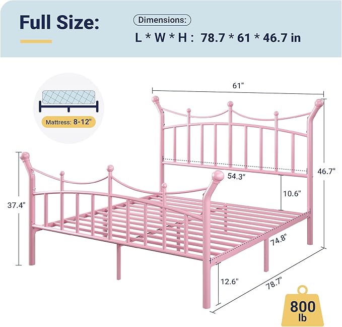 Allewie 14 Inches Full Size Metal Platform Bed Frame with Elegant Crown Iron-Art Headboard & Footboard, Sturdy Mattress Foundation with Under-Bed Storage, Easy Assembly, No Box Spring Needed, Pink