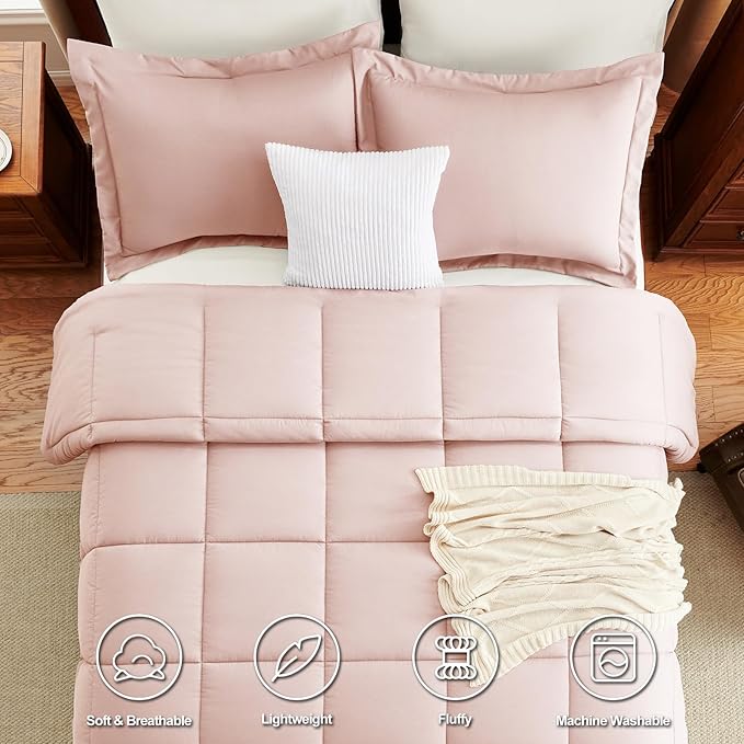 CozyLux Full Size Comforter Sets - 270GSM Blush Pink Bedding Sets for All Seasons, 3 Pieces Box Stitched Bed Set with 1 Down Alternative Comforter and 2 Pillow Shams, Soft, Lightweight, Breathable