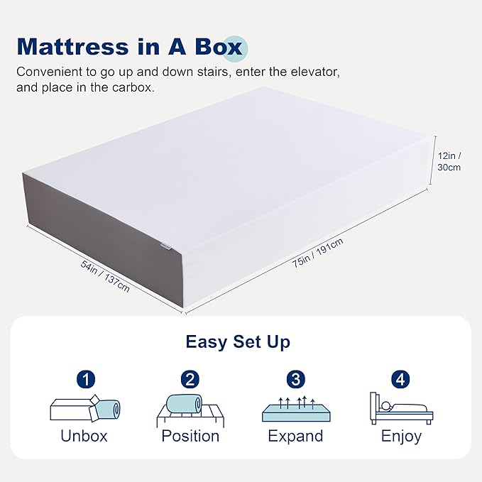 Amazon Basics Memory Foam Mattress, Medium Firm, Breathable, 12 Inch, Full, White/Grey