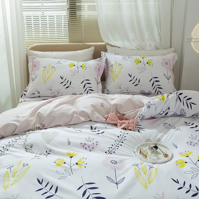 mixinni Girls Duvet Cover Twin Size Blossom Duvet Cover Cotton Flower White Floral Printed Pink Duvet Cover Set Flower Leaves Pattern Bedding with Zipper Closure for Teenage Girls