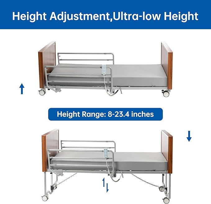 Hospital Bed with 5 Electric Functions, Ultra Low Electric Medical Bed with Movable Dining Table & 6" Foam Mattress, Adjustable Height 8”-23.4”, 530 lbs Capacity