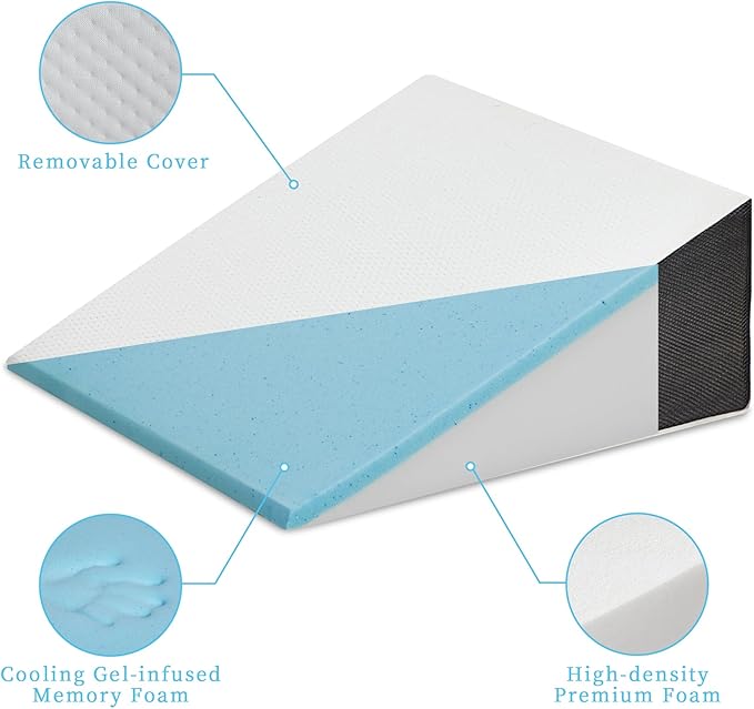 Bed Wedge Pillow for Sleeping, 10" 24" 24" Triangle Pillow Wedge, Cooling Memory Foam Top, Elevated Support Wedge Pillow - Removable Washable Cover