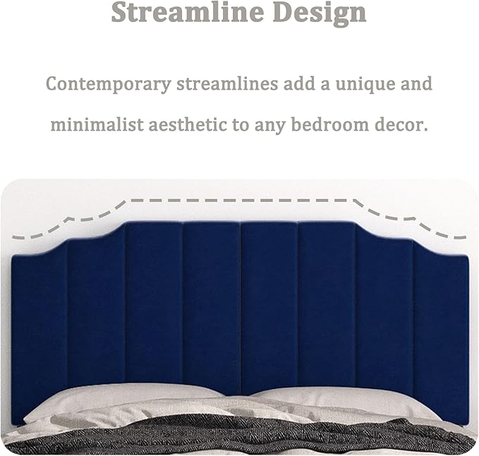 Befurtori Queen Size Headboard Only, Velvet Wall Mounted Headboard Queen/Full Size for Adjustable Bed, Modern Vertical Channel Design with Curved Upholstered Head Board, Royal Blue