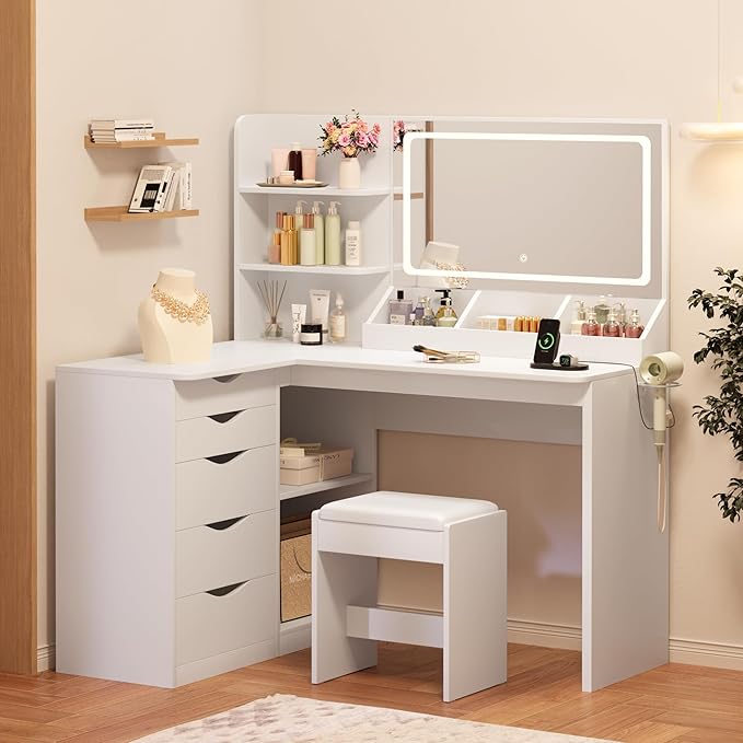 Furmax Vanity Desk with Mirror, L Shape Vanity, LED Lighted Mirror, with Power Outlet and 3 Storage Shelves, Makeup Table with 5 Drawers, 3 Color Modes, for Bedroom(White)