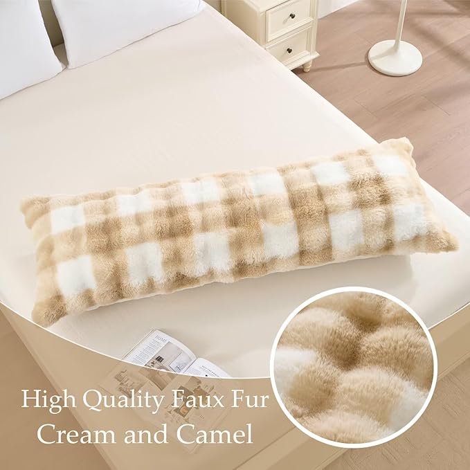 Luxury Shaggy Faux Fur Body Pillow,Fluffy Bed Pillow with Zipper Closure,Soft Decorative Plush Full Long Pillows,Fuzzy Hug Pillow for Living Room Side Sleeper & Pregnancy 20"x54" Cream and Camel
