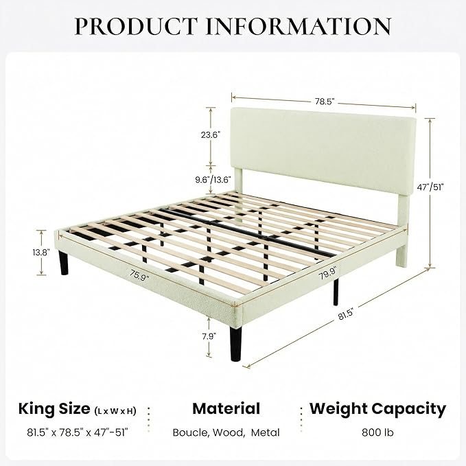 SHA CERLIN King Size Platform Bed Frame with Adjustable Headboard and Wooden Slats Support, Boucle Upholstered Mattress Foundation, No Box Spring Needed, Easy Assembly, Soft Cream