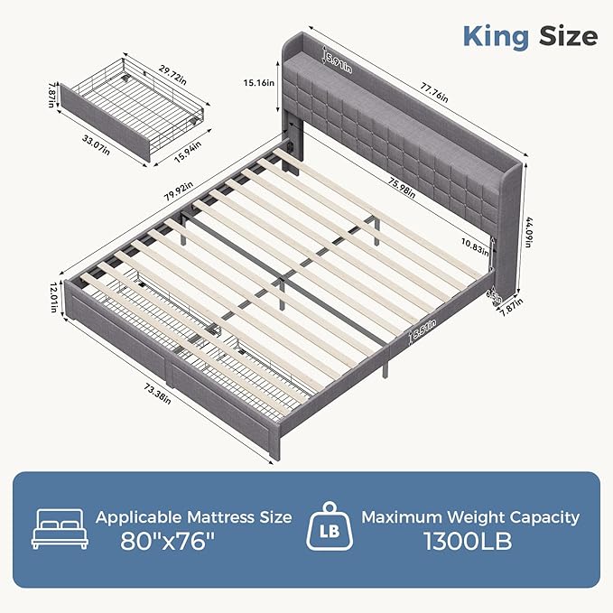 DUMOS King Size Upholstered Platform Bed Frame, King Bed with Storage Drawers and Fabric Headboard, Wooden Slats Support, 1323 lbs Weight Capacity, No Box Spring Needed, Easy Assembly, Gray