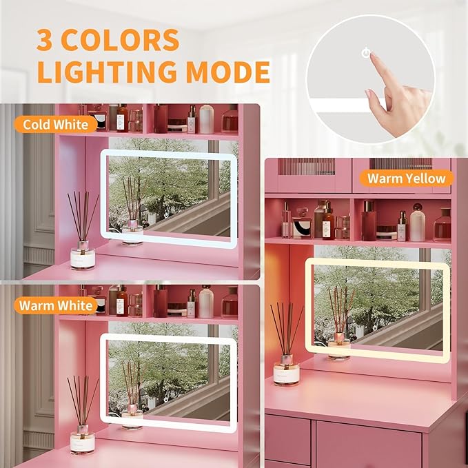 3-in-1 Make Up Vanity Desk with Mirror & Lights, Compact Vanity Table with Drawers, Storage Compartment and Rolling Stool, Modern Small Makeup Vanity and Storage Chair for Bedroom, Powder Room