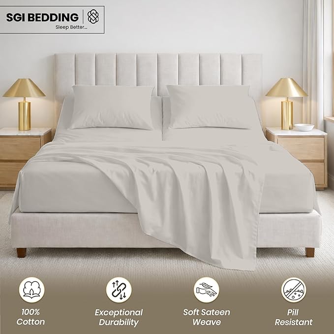 SGI bedding 34" Queen Split Top Flex Head Sheet 100% Egyptian Cotton 1000 Thread Count Flex Top Sheet for Adjustable Bed 4Pc Sheet Set 15" Deep Pocket for Sleep Number Bed - Silver