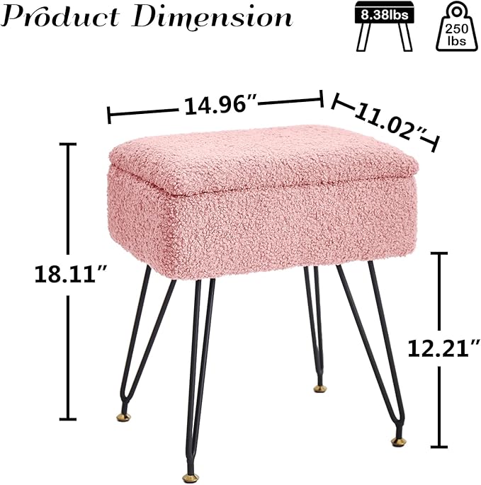 Vanity Stool Chair, Faux Teddy Fur Ottoman Foot Stool with Metal Legs & Adjustable Black Feet, Flip Top Storage Makeup Stool with Soft Padded Seat, Foot Rest for Makeup Room Bedroom, Pink