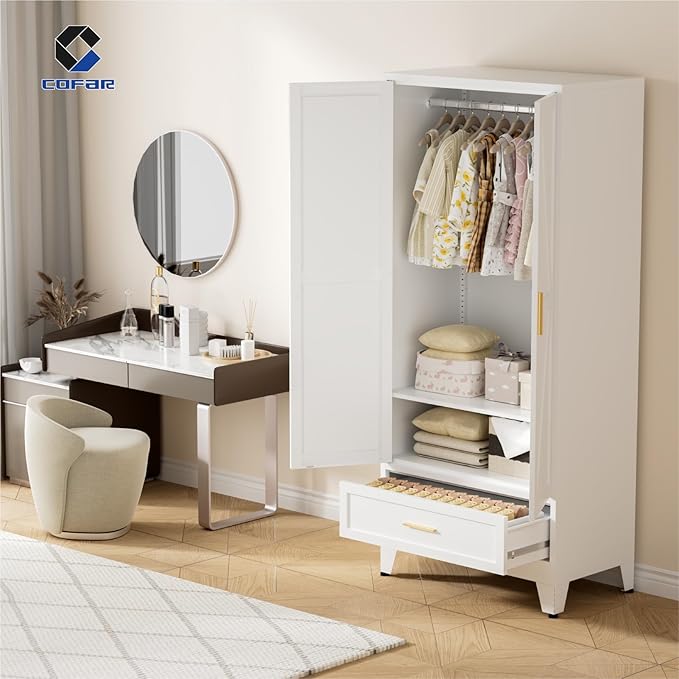 COFaR Metal Armoire Wardrobe Closet with Drawer, 71'' Tall Farmhouse Bedroom Armoires with Doors and Hanging Rod, Freestanding Steel Wardrobe Cabinet Coat Closet for Bedroom Home Office, White