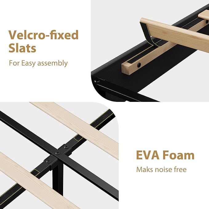 Garvee Full Bed Frame, Velvet Upholstered Platform Bed Frames with Adjustable Headboard, No Box Spring Needed, Anti-Noise EVA Sponge, Sturdy Metal Support, Easy Assembly, Black & White Trim