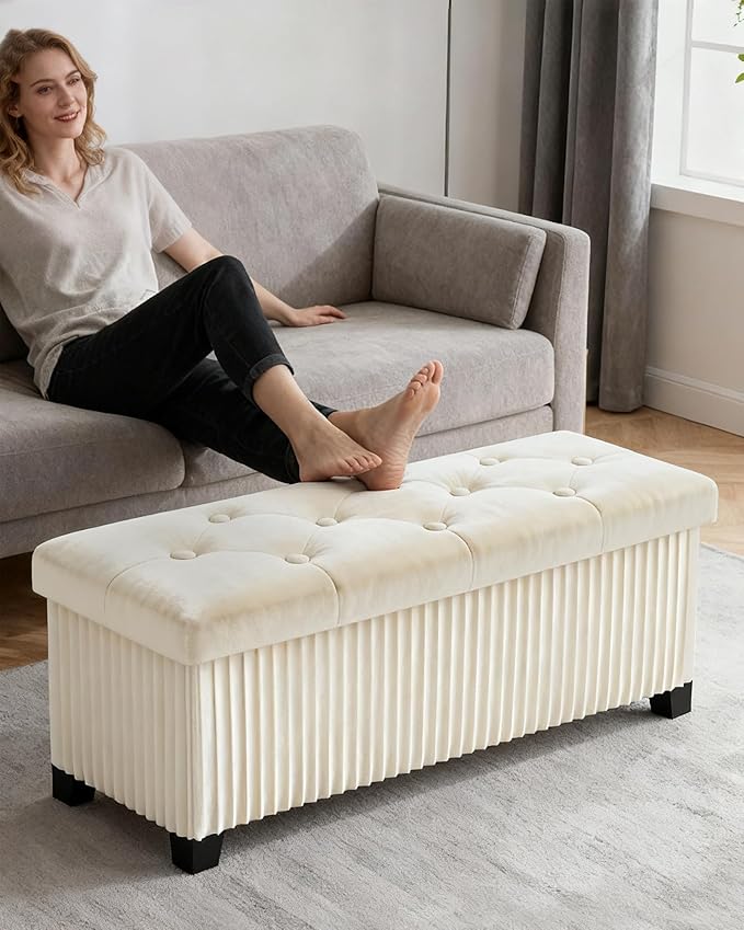 LITZFUR Storage Ottoman Bench, 43 Inch Foldable Ottoman with Legs, Velvet Foot Rest Stool, End of Bed Bench, Storage Chest for Living Room, Bedroom (Beige)
