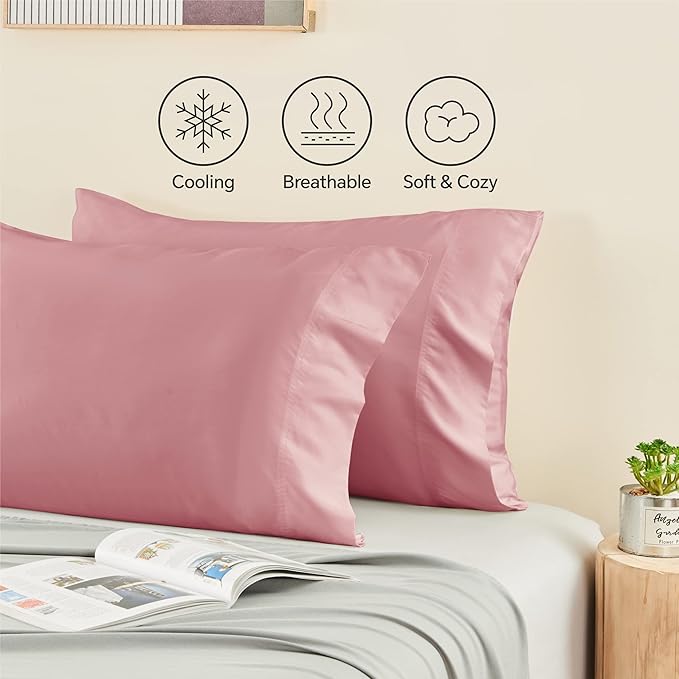 BEDELITE Pillow Cases Standard Size Set of 2, Rayon Derived from Bamboo, Cooling Pillow Cases for Hot Sleepers & Night Sweats, Breathable and Silky Soft Envelope Pillowcases(Rose Pink, 20"x26")
