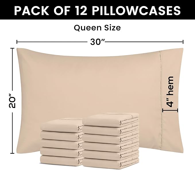 Utopia Bedding Queen Pillow Cases - 12 Pack - Envelope Closure - Soft Brushed Microfiber Fabric - Shrinkage and Fade Resistant Pillow Covers Queen Size 20 X 30 Inches (Queen, Beige)