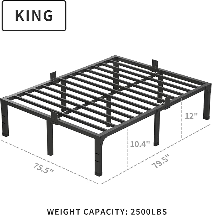 MAF 12 Inch King Size Bed Frames with Mattress Slide Stopper Black Heavy Duty Metal Platform Bed Frame Steel Slat Support, No Box Spring Needed, Noise Free, Easy Assembly