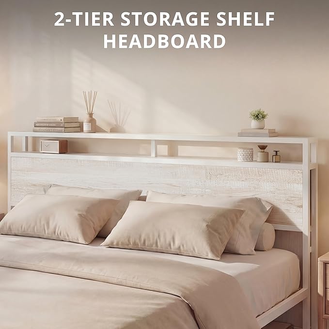 LIKIMIO King Bed Frame with Headboard, Wood Camas King with Strong Supports, Sturdy, Noise-Free, No Box Spring Needed, White Maple