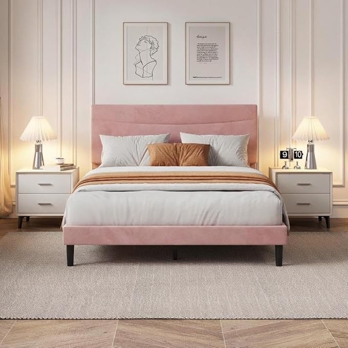 IDEALHOUSE Queen Size Upholstered Platform Bed Frame with Ergonomic Headboard, Beige Soft Fabric, Heavy Duty Wooden Slats, Noise-Free, 6.3" Underbed Storage, No Box Spring Needed, Easy Assembly
