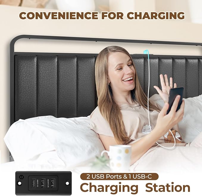 Rolanstar Queen Size Bed Frame with LED Light and Charging Station, Upholstered Headboard and Footboard, Metal Slat, Noise Free, Easy Assembly, Black
