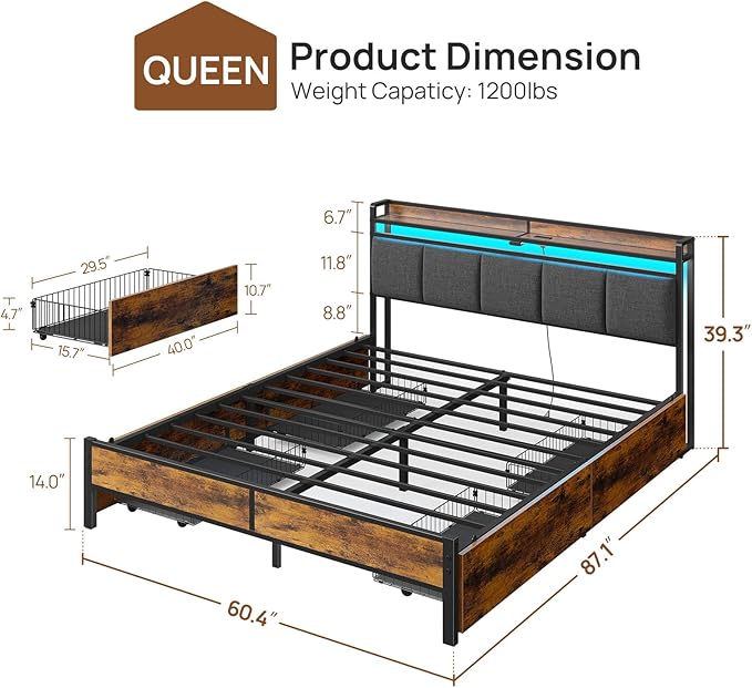 Rolanstar Bed Frame Queen Size with Charging Station and LED Lights, Upholstered Storage Headboard with Drawers, Heavy Duty Metal Slats, No Box Spring Needed, Easy Assembly, Rustic Brown