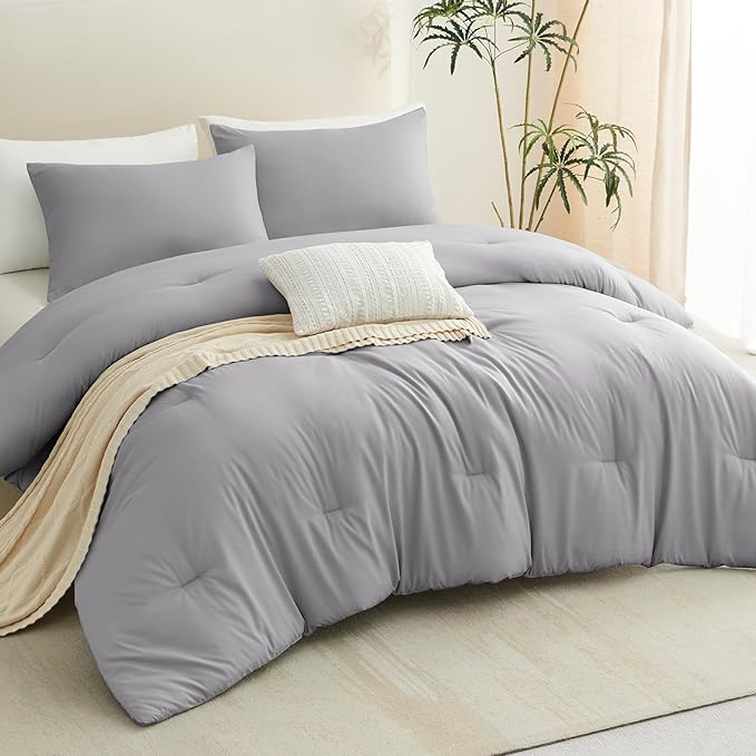 CozyLux Queen Comforter Set Grey, 3 Pieces Solid Comforters Queen Size Breathable Bedding Sets, Gray Luxury Soft Lightweight Bed Set with Down Alternative Comforter and 2 Pillowcases for All Seasons