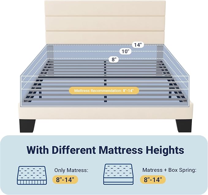 Allewie Queen Size Platform Bed Frame with Velvet Upholstered Headboard and Wooden Slats Support, Fully Upholstered Mattress Foundation/No Box Spring Needed/Easy Assembly, Cream