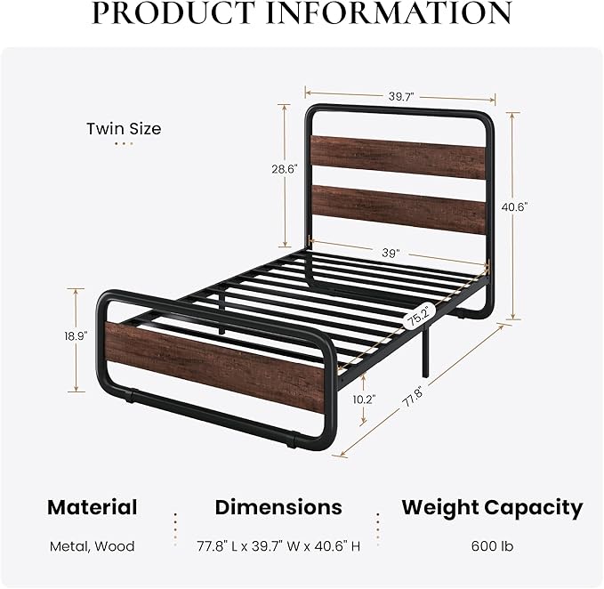 SHA CERLIN Twin Size Metal Bed Frame with Wooden Headboard and Footboard, Heavy Duty Oval-Shaped Platform Bed Frame with 10" Under-Bed Storage, Heavy Duty Slats Support, No Box Spring Needed, Mahogany