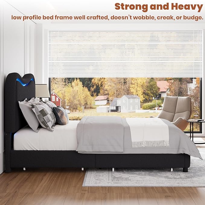 GarveeHome LED Queen Bed Frame with 2 Drawers and Headboard, Cute Upholstered Bed with Storage, Sturdy Platform Bed, No Box Spring Needed, Wooden Slats, Noise Free, Black