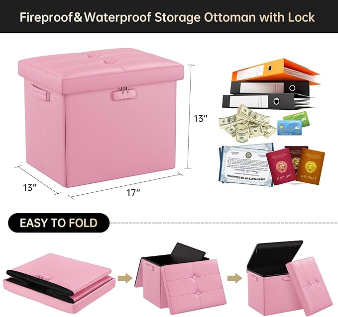 DocSafe Storage Ottoman Foot Rest Stool with Lock ＆ Handles, Fireproof Folding Leather Footstool Bench with Storage Safe for Living Room Bedroom, Home Office, Dorm, 17x13x13in, Pink