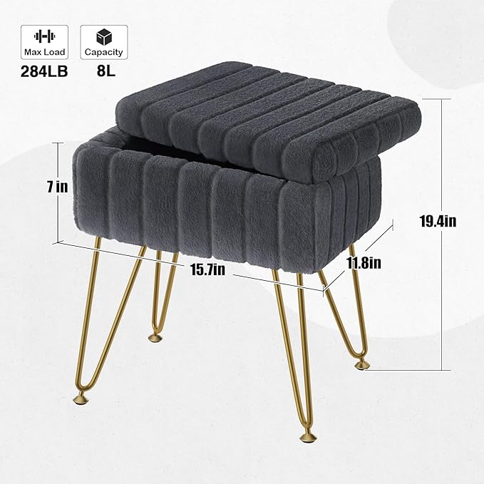 Greenstell Vanity Stool Chair Faux Fur with Storage,15.7"L x 11.8"W x 19.4"H Soft Ottoman 4 Metal Legs with Anti-Slip Feet, Furry Padded Seat, Modern Multifunctional Chairs for Makeup, Bedroom Grey