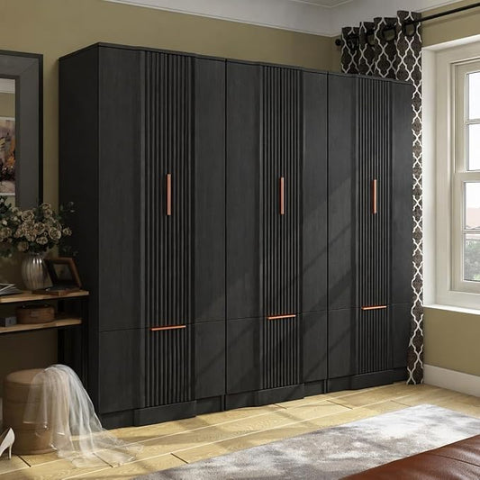 Brafab 67" Fluted Armoire Wardrobe Closet with Drawers and Doors, Wooden Wardrobe Cabinet with Adjustable Shelves, Modern Storage for Clothes, Dream Wardrobe Wall for Bedroom, Black(3 pcs)