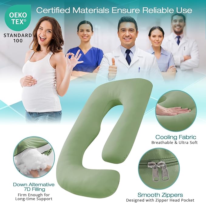 Sasttie Pregnancy Pillows for Sleeping, U Shaped Cooling Full Body Pillow with Removable Cover, Pregnant Women Must Haves, Maternity Essential, Green