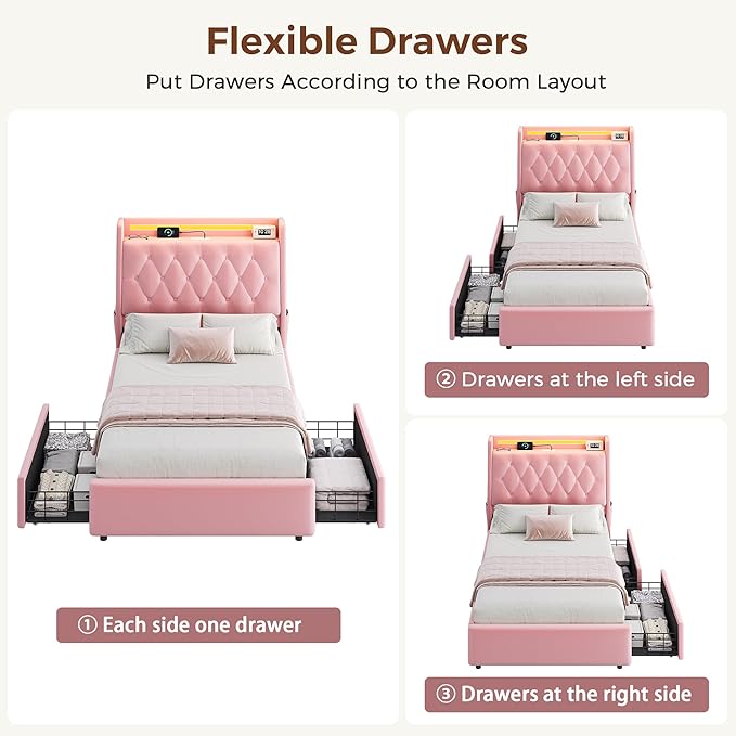 Twin LED Velvet Bed Frame with 2 Storage Drawers&Hidden Headboard, Upholstered Platform Bed with Charging Station&Button Tufted Design, Wooden Slats Support, Box Spring Optional, Easy Assembly, Pink