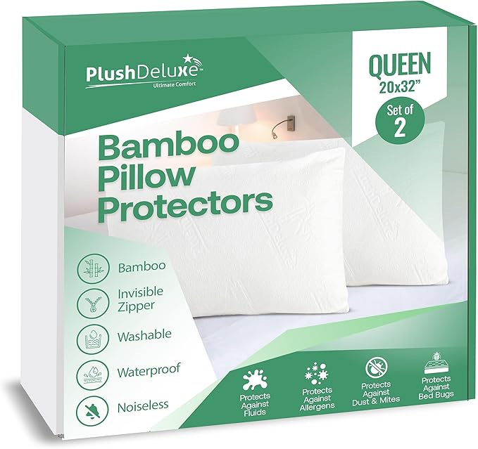 Premium Waterproof Pillow Protector Covers - Viscose Made from Bamboo – Allergy, Dust, and Mite Proof Zippered Pillowcase, Set of 2 Queen Size