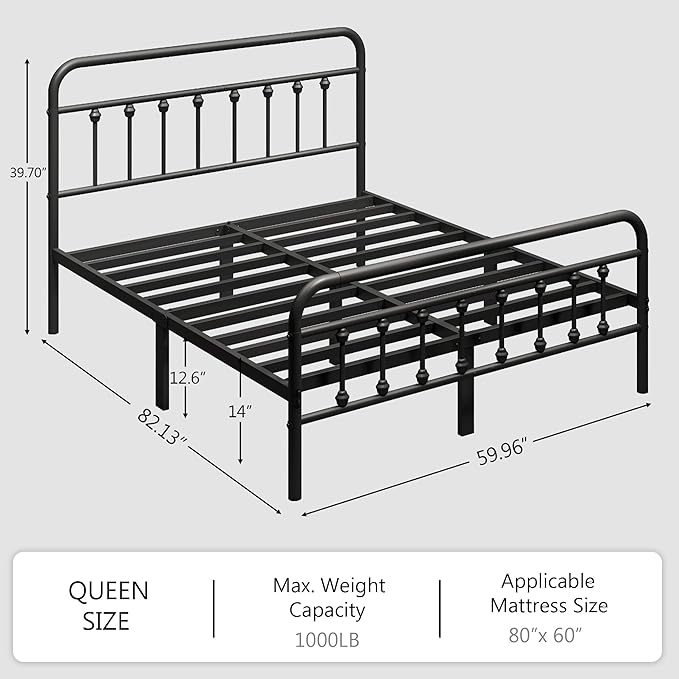 zunatu Queen Size Metal Platform Bed Frame/Victorian Style Headboard and Footboard/Steel Slat Support/Easy Assembly/No Box Spring Needed/Underbed Storage/Noise Free/Black
