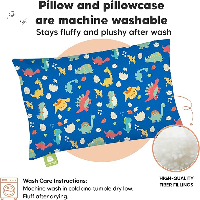 Toddler Pillow with Pillowcase - 13x18 My Little Dreamy Kids Travel Bed Pillows for Sleeping, Organic Cotton Small Pillowcase, Soft & Breathable, Machine Washable, Toddlers 2-5 years old (DinoWorld)