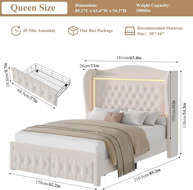 Queen Bed Frame 55" Tall Headboard with LED Lights, Buttons Tufted Velvet Upholstered Platform Bed Frame with 2 Storage Drawers, Wood Slats Support Mattress Foundation, No Box Spring Needed, Beige