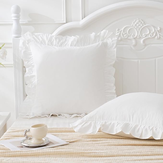 Vintage Off White Ruffle Euro Shams Shabby Farmhouse Pillow Cover 100% Washed Cotton Pillowcases Set of 2-26"x26" White
