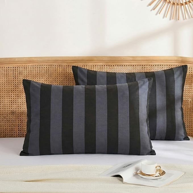 Merryword King Size Pillowcases, 100% Cotton Pillow Cases, Black and Gray Striped Pillowcases, Soft Breathable Wide Stripe Pillow Covers, Set of 2