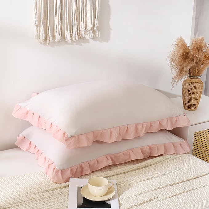 Merryword Pink Pillow Shams Beige and Pink Reversible Queen Pillowcases Cute Pillow Cover Set of 2 Soft Shabby Chic Ruffled Pillowcases 2 Pack (Queen (20''x30''), Beige Pink)
