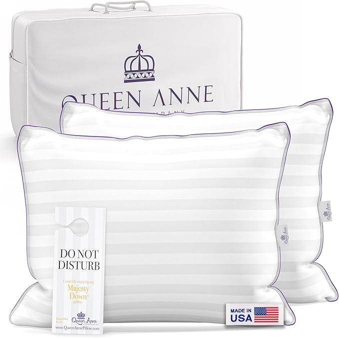 Queen Anne Hotel Pillows Standard Size Bed Pillows for Sleeping, Set of 2 – Adjustable Luxury Down Alternative for Side & Back Sleepers, Firm Support, Cooling, Hypoallergenic, Made in USA