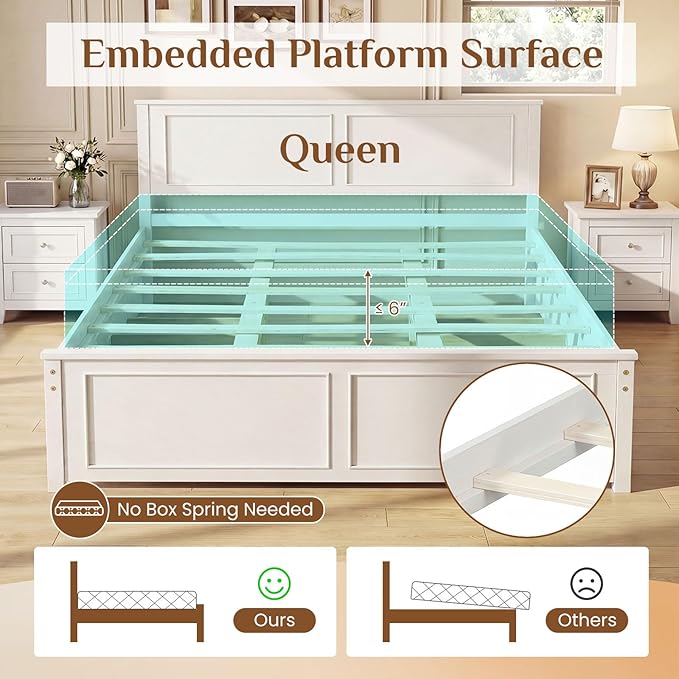 Giantex Wood Queen Size Bed Frame with Headboard, Farmhouse Solid Platform Bed w/Wooden Slat Support Mattress Foundation, Under-Bed Storage, No Box Spring Needed, White