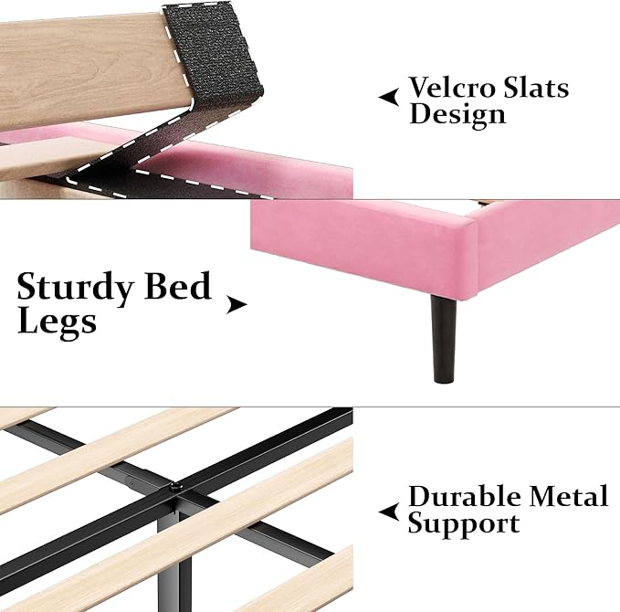 Gruwans Twin Size Bed Frames with Wingback Headboard Easy Assemnly Platform Bedframe, Sturdy Wooden Slat Support No Box Spring Needed, Pink Velvet
