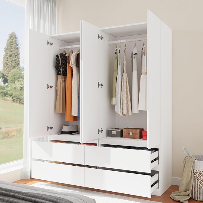 Armoire Wardrobe Closet with 4 Doors, Wooden Wardrobe Cabinet with 4 Drawers, Hanging Rod & Shelves, Freestanding Closets for Bedroom (White, 2)