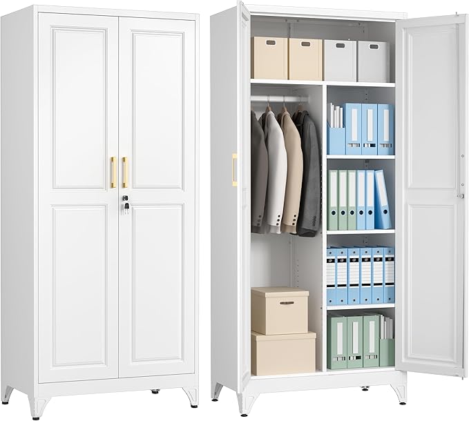 Polup Metal Armoire Wardrobe Closet with Doors, 71" Tall Wardrobe Cabinet with Lock, Hanging Rod and 3 Adjustable Shelves, Steel Clothing Storage Cabinet for Bedroom, Home Office, Employee, Gym, White