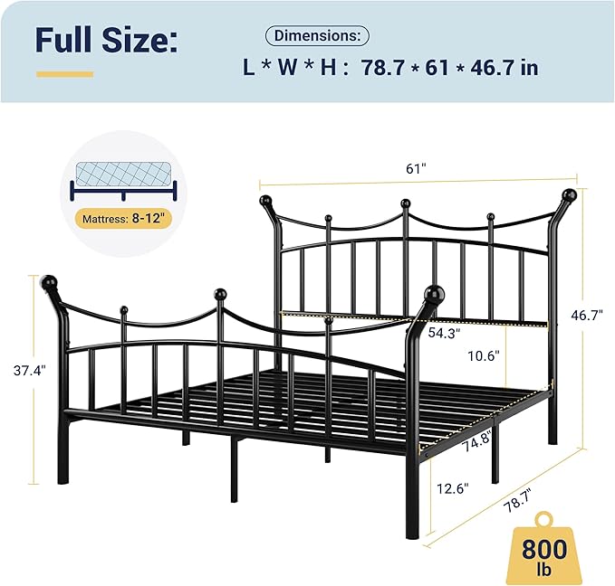 Allewie 14 Inches Full Size Metal Platform Bed Frame with Elegant Crown Iron-Art Headboard & Footboard, Sturdy Mattress Foundation with Under-Bed Storage, Easy Assembly, No Box Spring Needed, Black