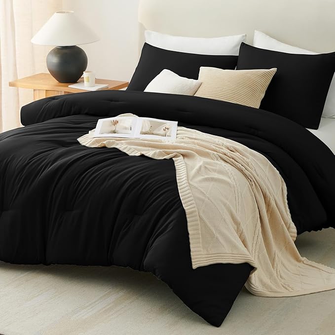 CozyLux California King Comforter Set Black, 3 Pieces Cal King Solid Breathable Bedding Quilted Sets for All Seasons, Luxury Soft Lightweight Bed Set with Down Alternative Comforter and 2 Pillowcases