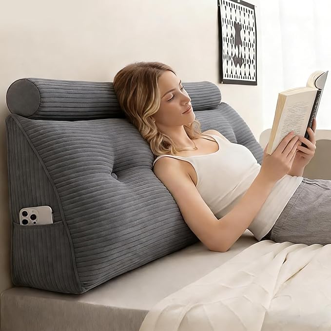 Headboard Pillow Twin, Large Triangular Wedge Cushion with Neck Roll Pillow for Reading Sitting Working, Backrest Positioning Support Bodypillow with Removable Washable Cover for Bed Dorm Sofa